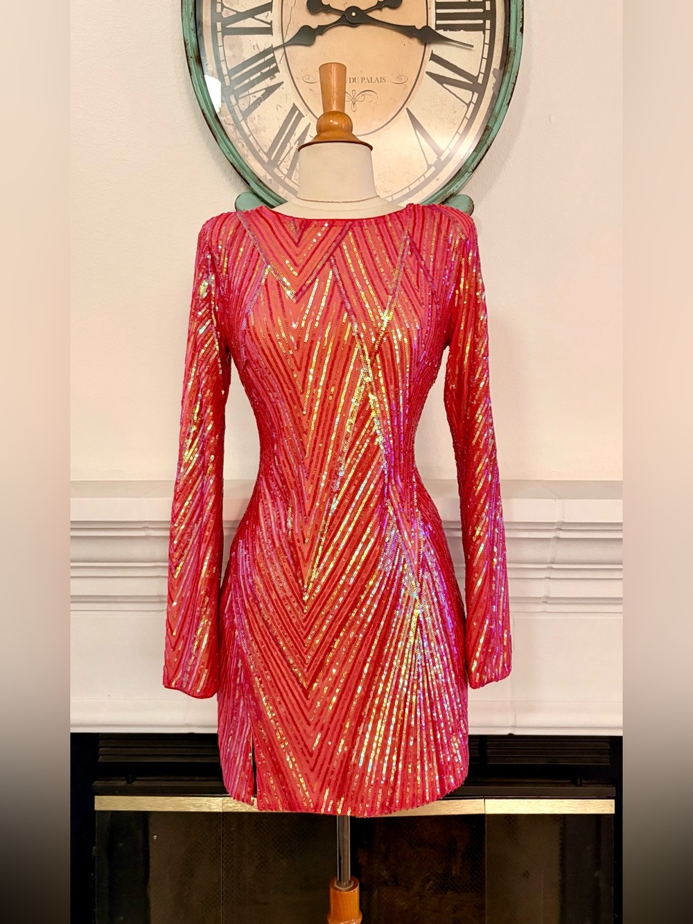 Dolan Coral Sequin Long-Sleeve Mini Dress